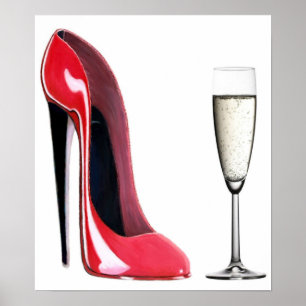 Poster Noir talon Rouge Stiletto Chaussure et Champagne I