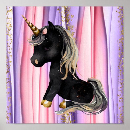 Poster Noir Unicorne oreilles roses (Devant)