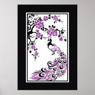 Poster Noir, violet, blanc paon et fleurs de cerisiers