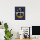 Poster nom avec initiale, ancre marine dorée, girly (Bureau à domicile)