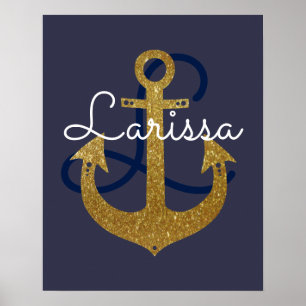 Poster nom avec initiale, ancre marine dorée, girly