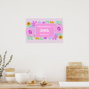 Poster nom chic floral moderne rose pour 50e anniversaire