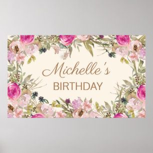 Poster Nom d'anniversaire floral aquarelle rose