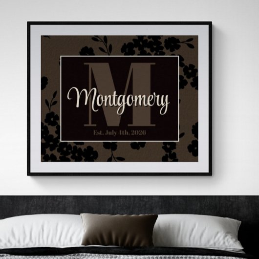 Poster Nom de famille personnalisé Imprimé Floral Noir Ma