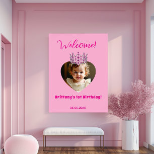Poster Nom de l'anniversaire photo rose tiara bébé bienve
