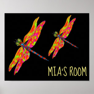 Poster Nom de l'enfant étiquette Dragonfly l'art de chamb