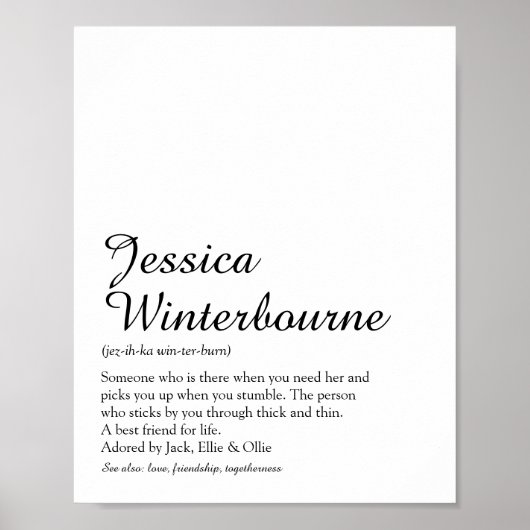 Poster Nom Définition Script chic noir et blanc (Devant)