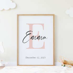 Poster Nom du bébé et date de naissance Monogramme modern