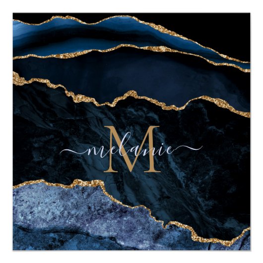 Poster Nom du monogramme Agate Marine Bleu Gold Gemstone  (Devant)