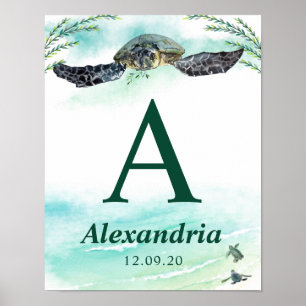Poster Nom du monogramme de la tortue de mer Naissance No