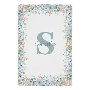 Poster Nom du monogramme floral bleu