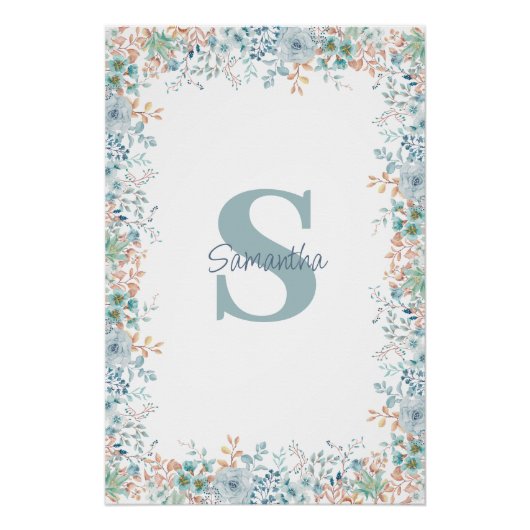 Poster Nom du monogramme floral bleu (Devant)