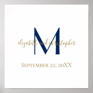 Poster Nom du monogramme Initiales Mariage Or bleu Date C