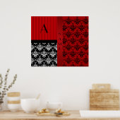 Poster Nom et monogramme rouge damas rayures (Cuisine)