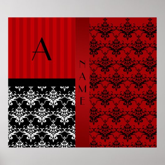 Poster Nom et monogramme rouge damas rayures (Devant)
