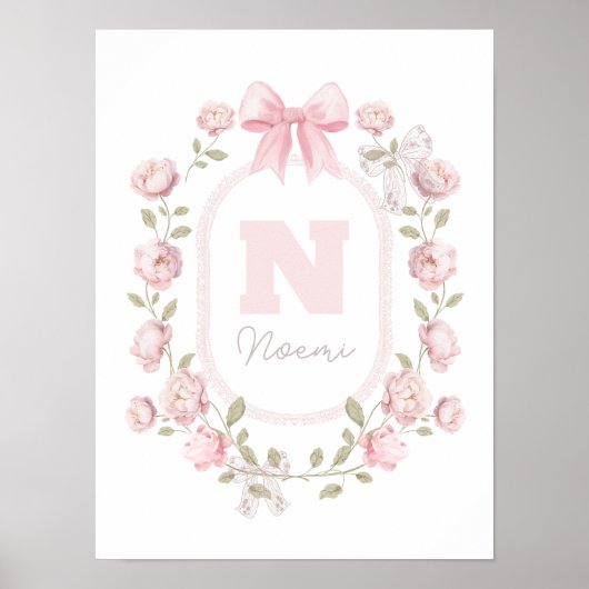 Poster nom initial cadre pivoines fille bébé (Devant)