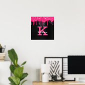 Poster Nom Monogramme avec Gouttes de Paillettes Rose Cha (Bureau à domicile)