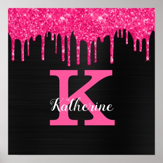 Poster Nom Monogramme avec Gouttes de Paillettes Rose Cha (Devant)