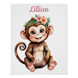 Poster Nom personnalisé Fille Nursery Baby Monkey