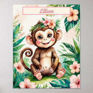 Poster Nom personnalisé Fille Nursery Baby Monkey