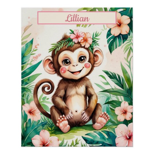 Poster Nom personnalisé Fille Nursery Baby Monkey (Devant)