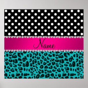 Poster Nom personnalisé leopard bleu turquoise points noi