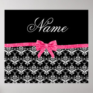 Poster Nom personnalisé noir blanc damassé rose arc parti