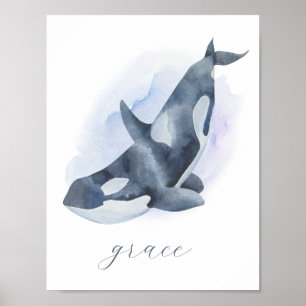Poster Nom Texte Baleine Tueuseuse Orque Aquarelle Bleu B
