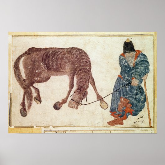Poster nomade mongol emmenant son cheval à l'eau (Devant)