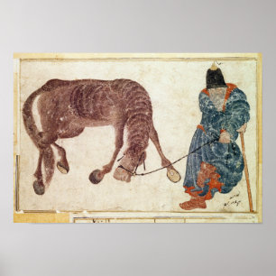 Poster Nomade mongol prenant son cheval à l'eau