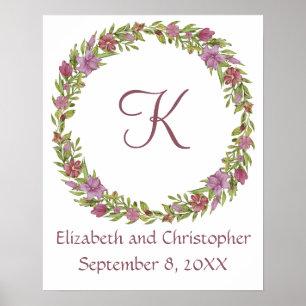 Poster Noms de date de mariage monogramme floral rose vio