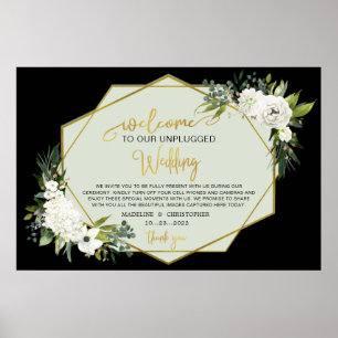 Poster Noms de Mariage en or noir floral blanc débranchés