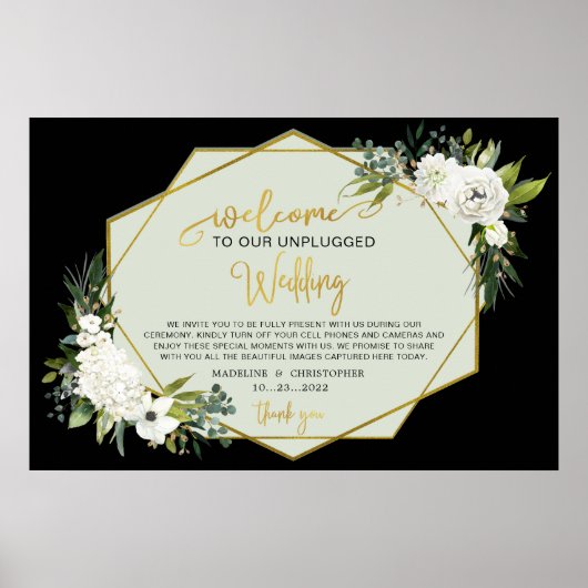 Poster Noms de Mariage en or noir floral blanc débranchés (Devant)