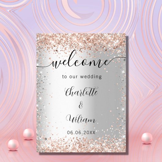 Poster Noms de mariage rose gold argent script de bienven