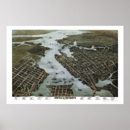 Poster Norfolk et Portsmouth, VA Carte panoramique - 1873 (Devant)