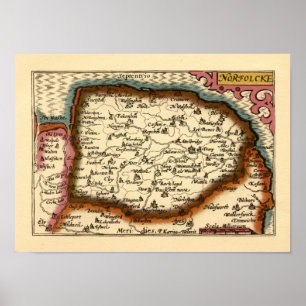 Poster Norfolk "Norfolcke" Comté Angleterre Ancien Atlas 