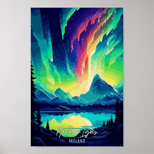 Poster Northern Lights Iceland Art Travel Illustration (Devant)
