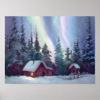 Poster NORTHERN LIGHTS & LOG CABINE par SHARON SHARPE