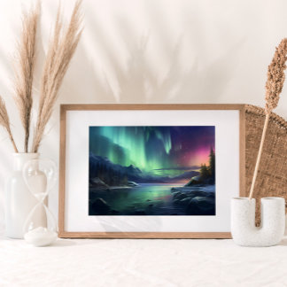 Poster Northern Lights Seascape Mountains Aquarelle