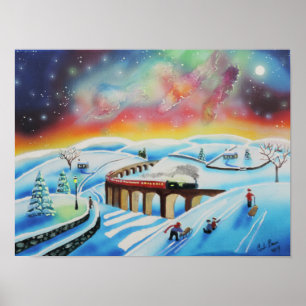 Poster Northern lights train landscape painting