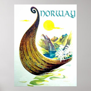 Poster Norvège, bateau viking dans les fjords, voyage vin