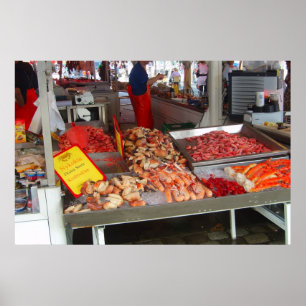 Poster Norvège, Bergen, Marché aux poissons au bord de l'