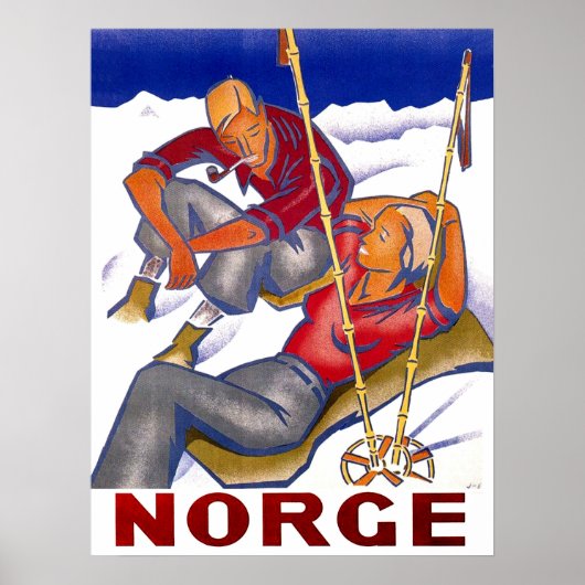 Poster Norvège, couple en vacances hivernales, ski, vinta (Devant)