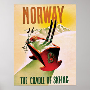 Poster Norvège, le berceau du ski, voyage vintage