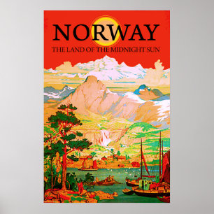 Poster Norvège, le pays du soleil de minuit, voyage vinta