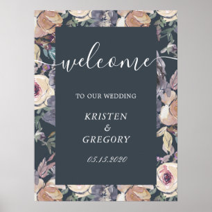 Poster nostalgique indigo blush floral Mariage Bienvenue