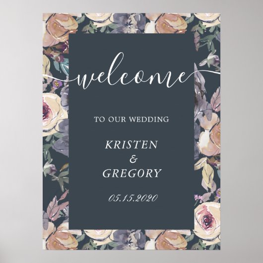 Poster nostalgique indigo blush floral Mariage Bienvenue (Devant)