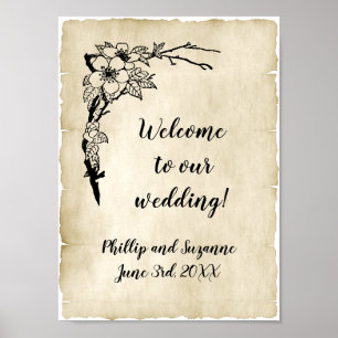Poster Nostalgique Vintage Floral Mariage Bienvenue