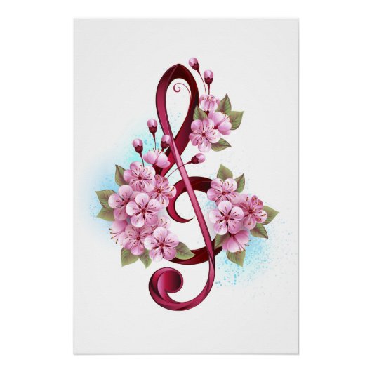 Poster notes de clé de sol musicale avec fleurs de Sakura (Devant)
