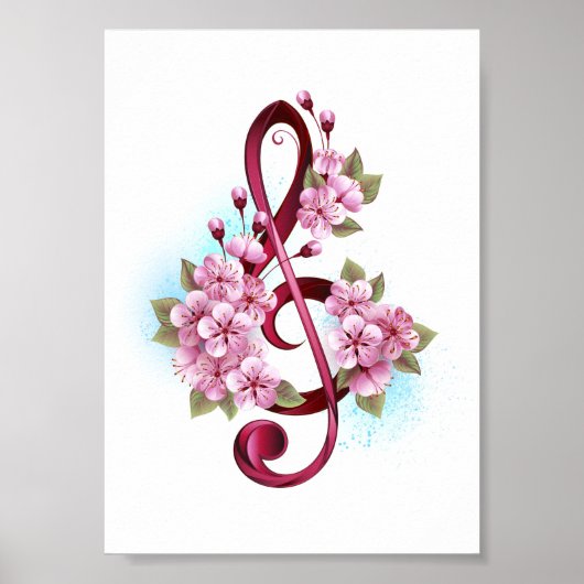 Poster notes de clé de sol musicales avec fleurs de Sakur (Devant)